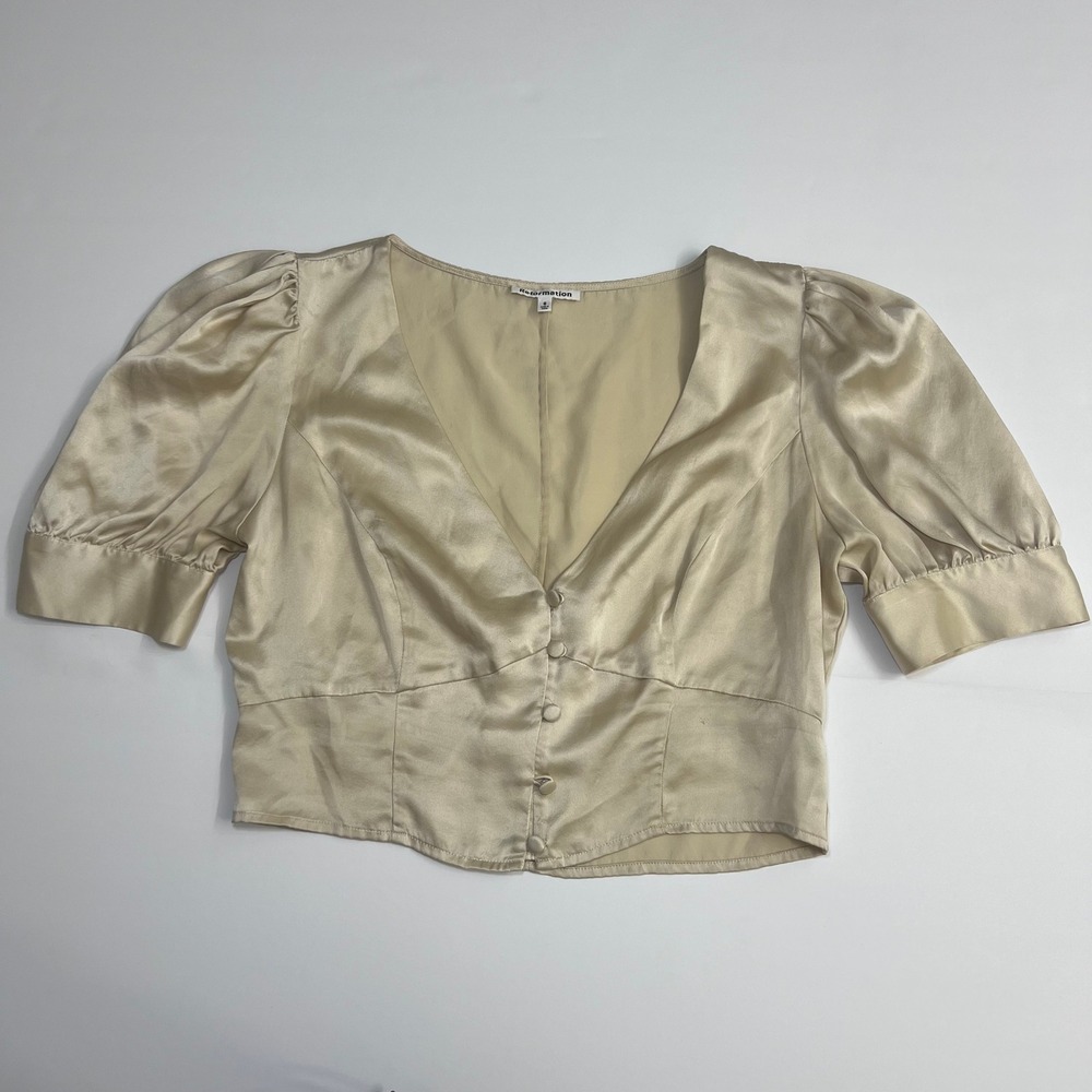 Reformation Mendez Silk Top Puff Sleeve Size 6 Champagne Gold Crop
